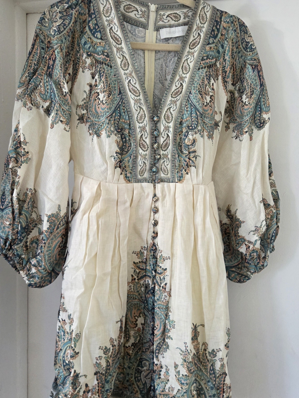 Zimmermann Cream Paisley V-Neck Long Sleeve Boho Dress with Teal Accents